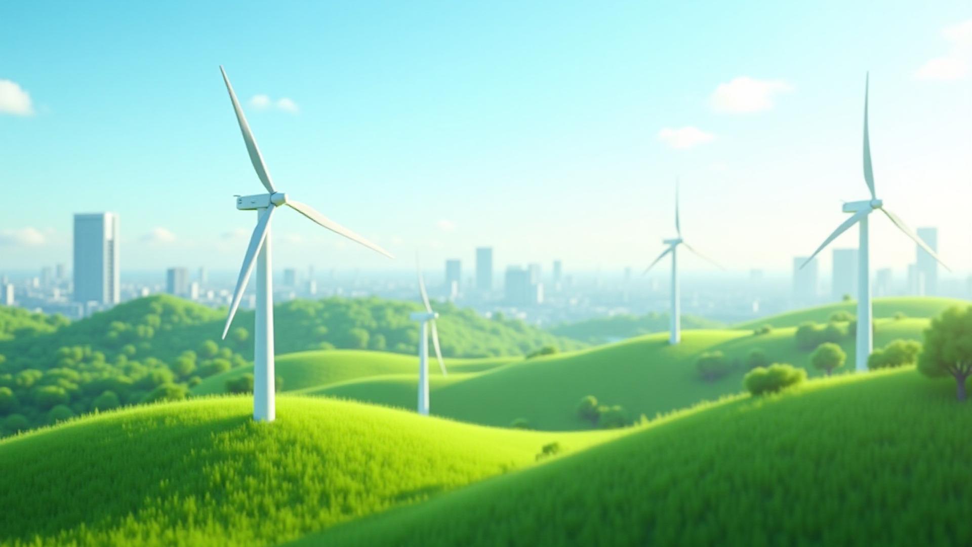 自然の緑と近代的な都市が調和したクリーンな景観、風力タービンとソーラーパネルが前景にある