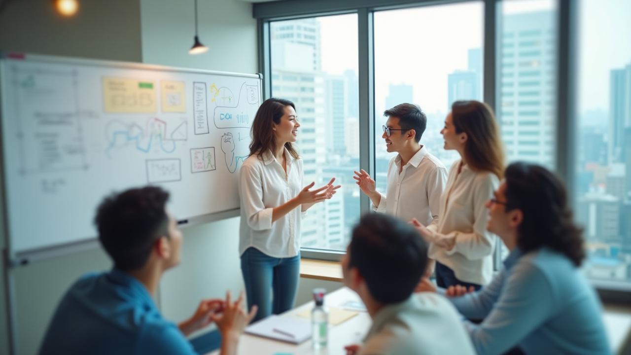 ホワイトボードに複雑なビジネスアイデアを書き出す、エネルギッシュなスタートアップチーム